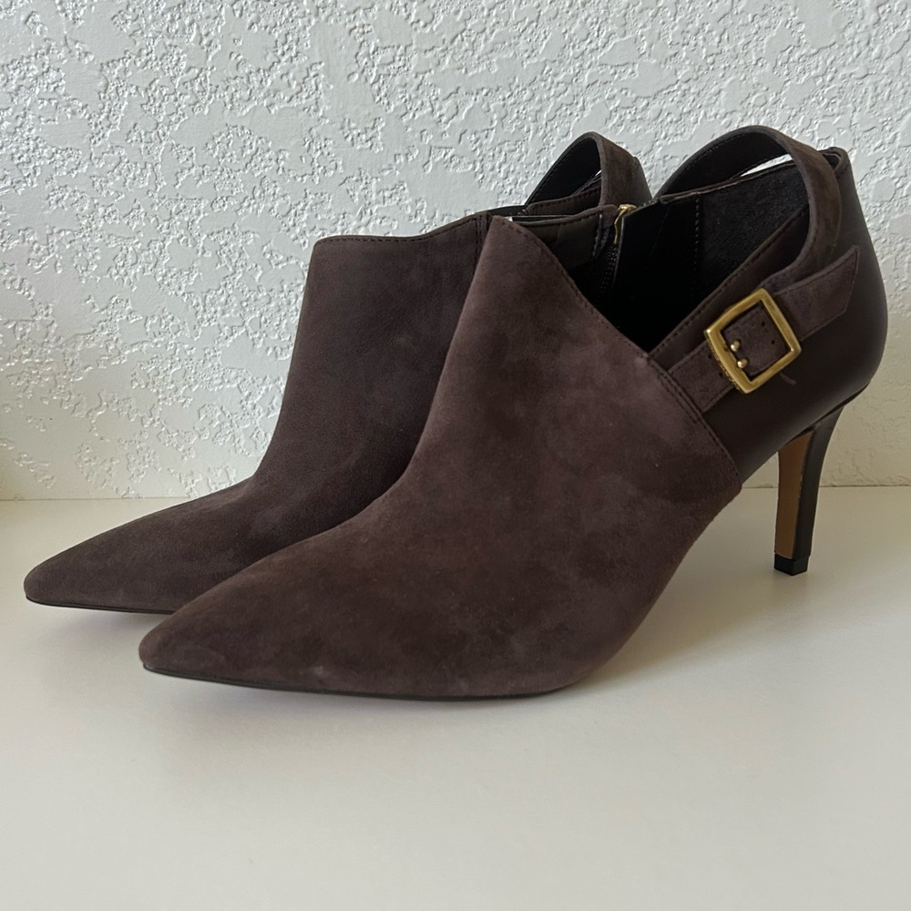 Vince Camuto Kreitha Leather Suede Stiletto Heels Booties in Root Beer Brown